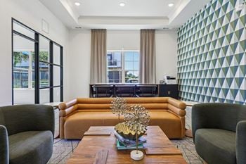 Living room with a brown sofa